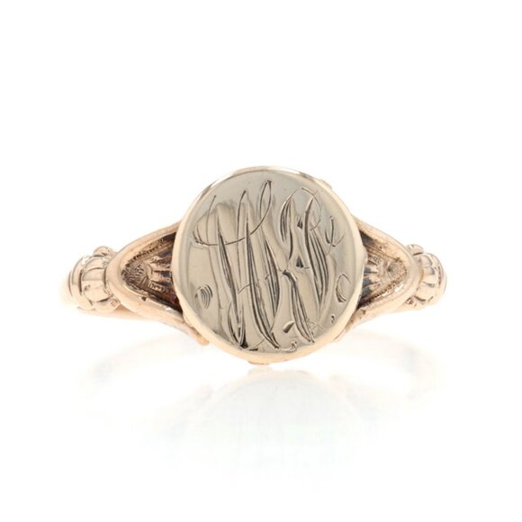 Yellow Gold Edwardian Signet Ring - 10k Antique Monogram MKS Initials - Picture 1 of 5